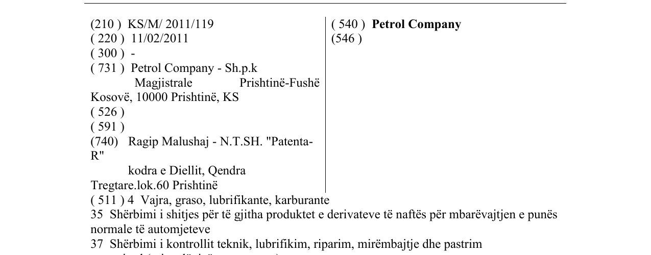 Zëri i markës Petrol Company në buletin