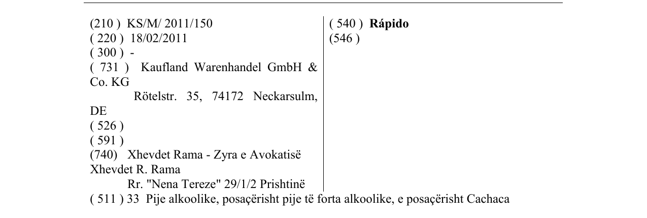 Der Eintrag der Marke Rápido im Bulletin