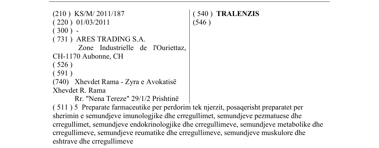 Zëri i markës TRALENZIS në buletin