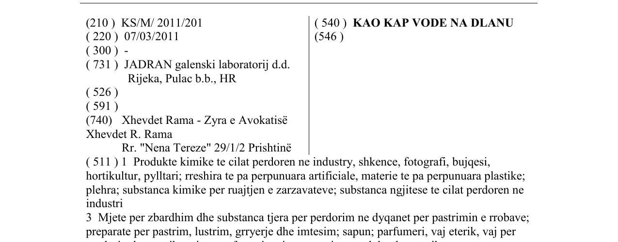Zëri i markës KAO KAP VODE NA DLA NU në buletin