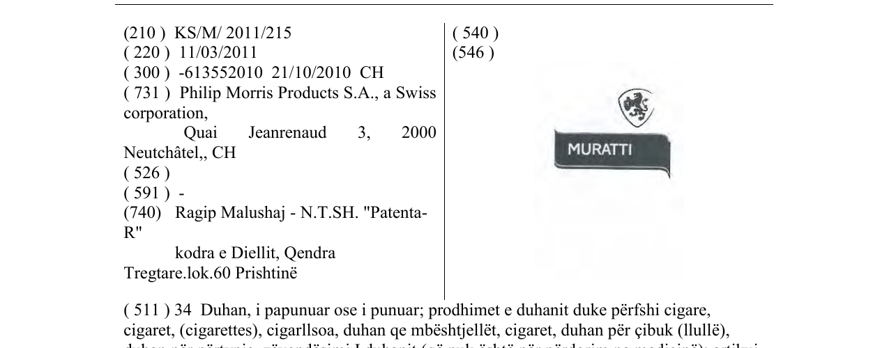 Zëri i markës MURATTI në buletin