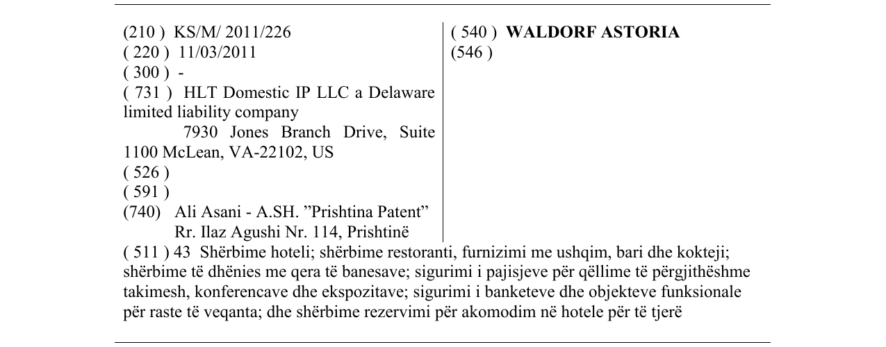 Zëri i markës WALDORF ASTORIA në buletin