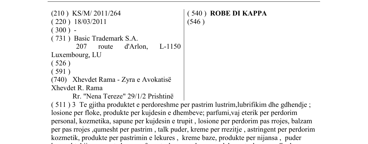Zëri i markës ROBE DI KAPPA në buletin
