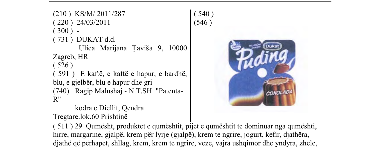 Zëri i markës Puding në buletin