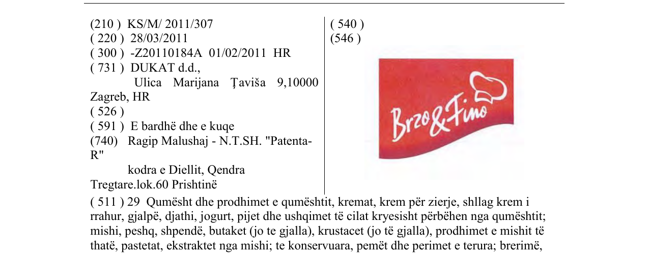 Zëri i markës Brzo & Fino në buletin