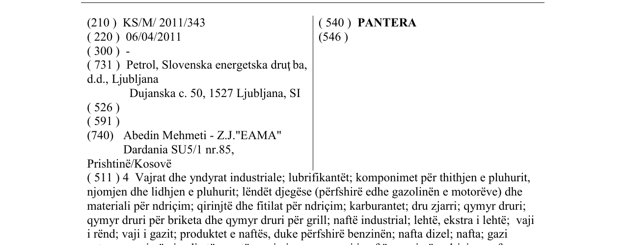 Zëri i markës PANTERA në buletin