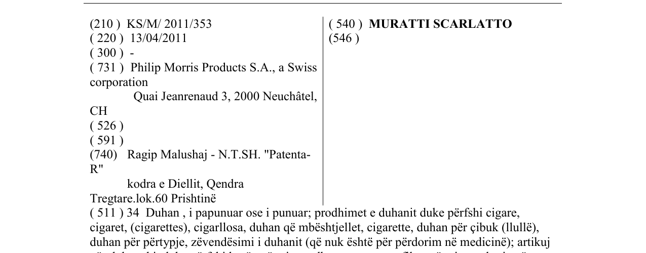 Zëri i markës MURATTI SCARLATTO në buletin