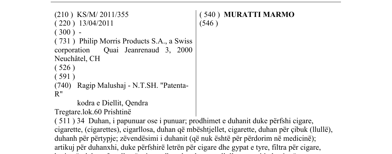 Zëri i markës MURATTI MARMO në buletin
