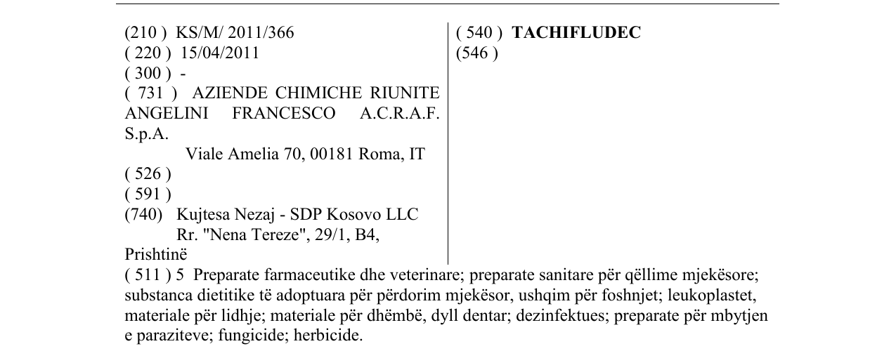 Zëri i markës TACHIFLUDEC në buletin