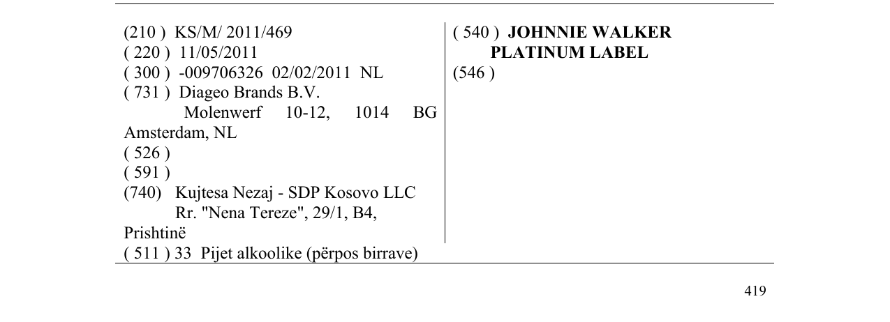 Zëri i markës JOHNNIE WALKER PLATINUM LABEL në buletin