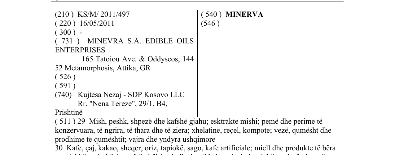 Zëri i markës MINERVA në buletin