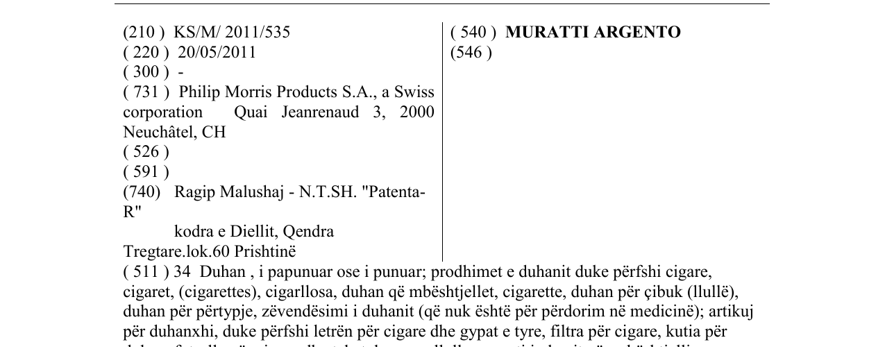 Zëri i markës MURATTI ARGENTO në buletin