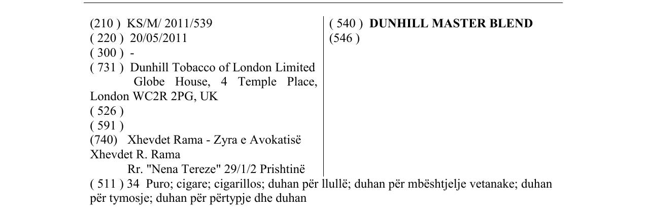 Η εγγραφή του σήματος DUNHILL MASTER BLEND στο δελτίο