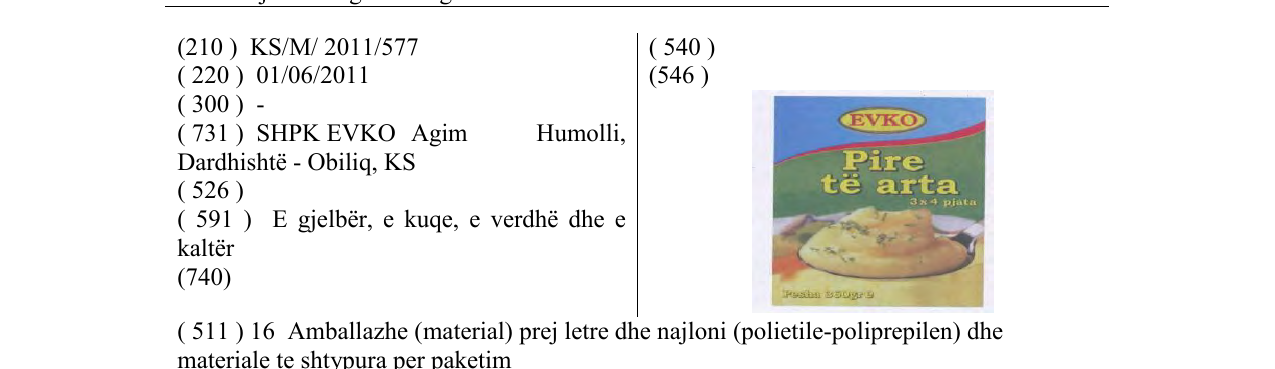 EVKO Pire të arta markasının bültendeki kaydı