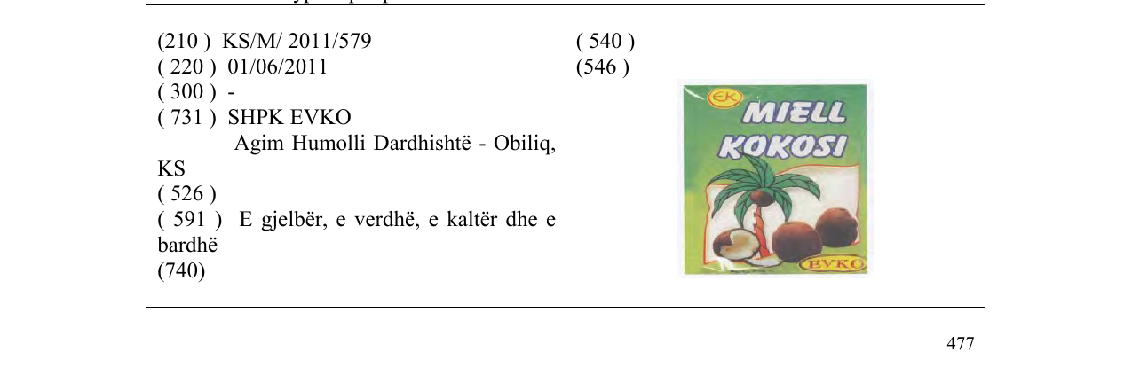 Zëri i markës MIELL KOKOSI në buletin
