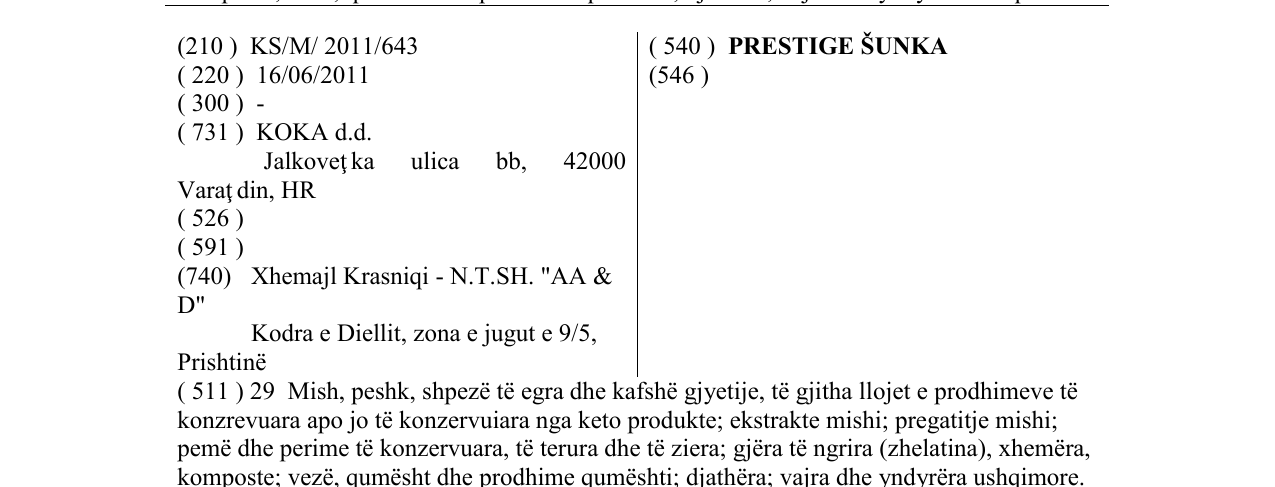 Zëri i markës PRESTIGE ŠUNKA në buletin