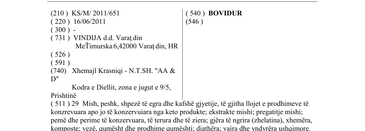 Zëri i markës BOVIDUR në buletin
