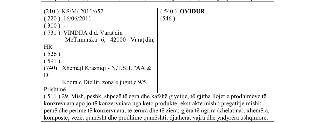 Zëri i markës OVIDUR në buletin