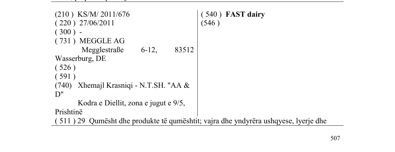 The entry of the trademark FAST dairy in the bulletin