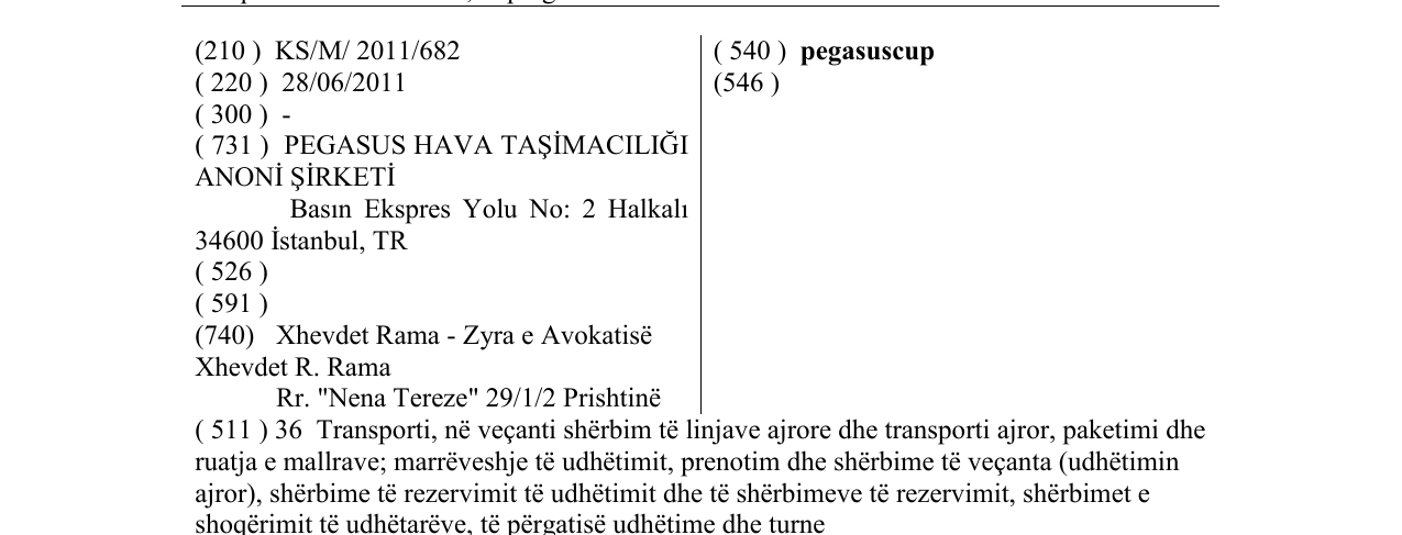 Η εγγραφή του σήματος pegasuscup στο δελτίο