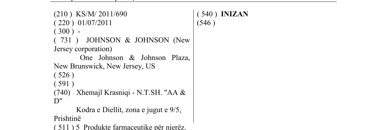 The entry of the trademark INIZAN in the bulletin