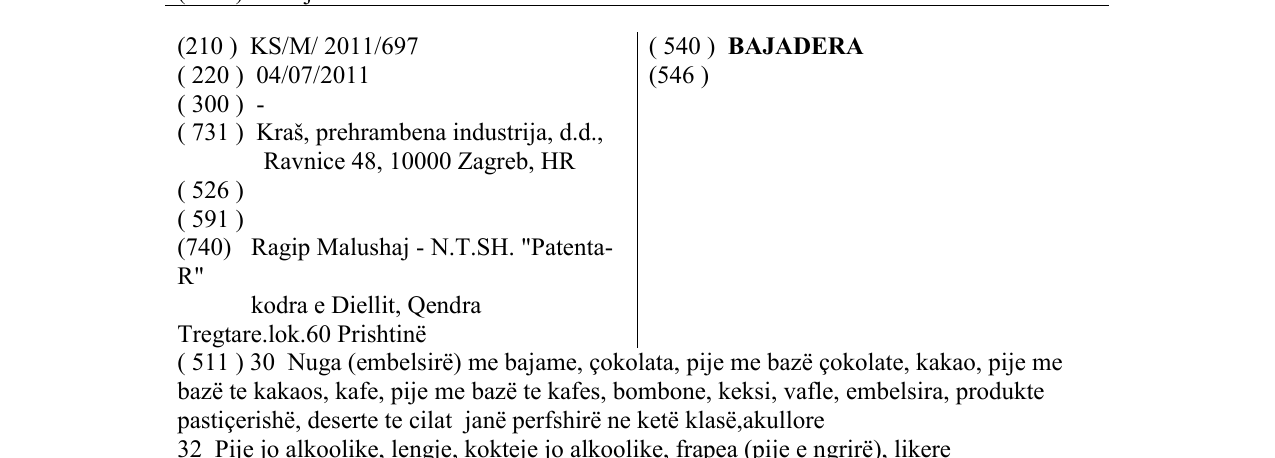 Zëri i markës BAJADERA në buletin