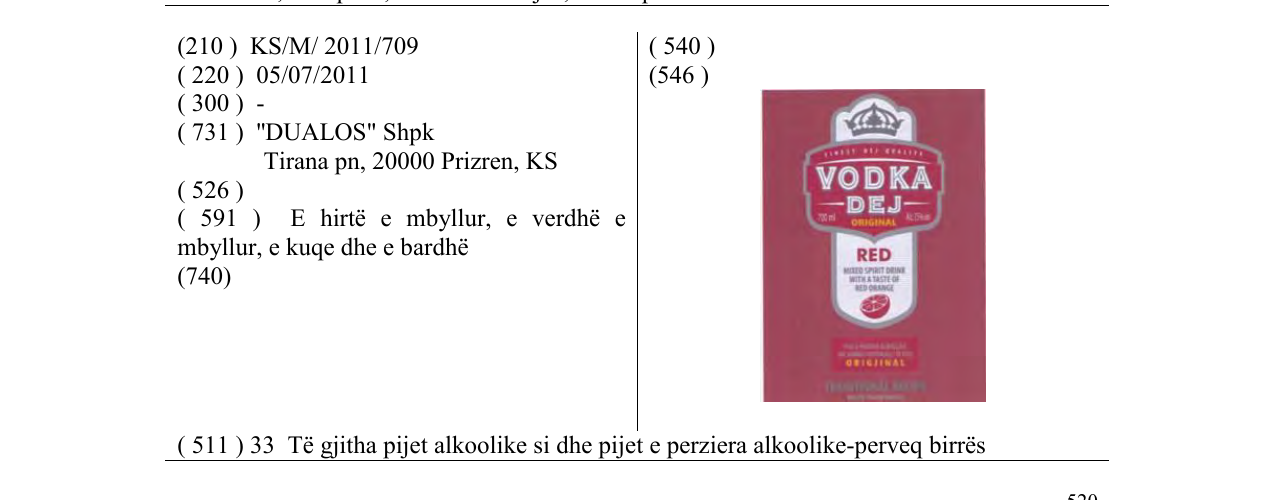 Zëri i markës VODKA DEJ në buletin