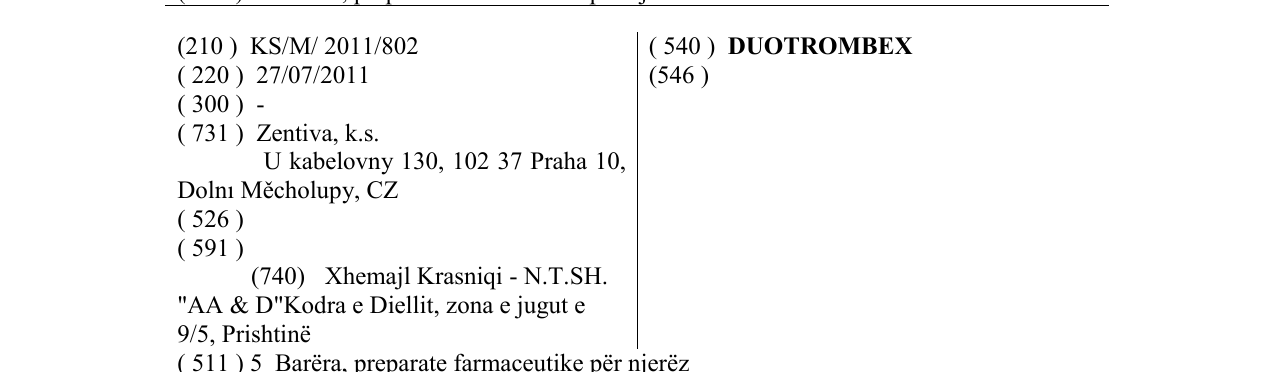 Zëri i markës DUOTROMBEX në buletin