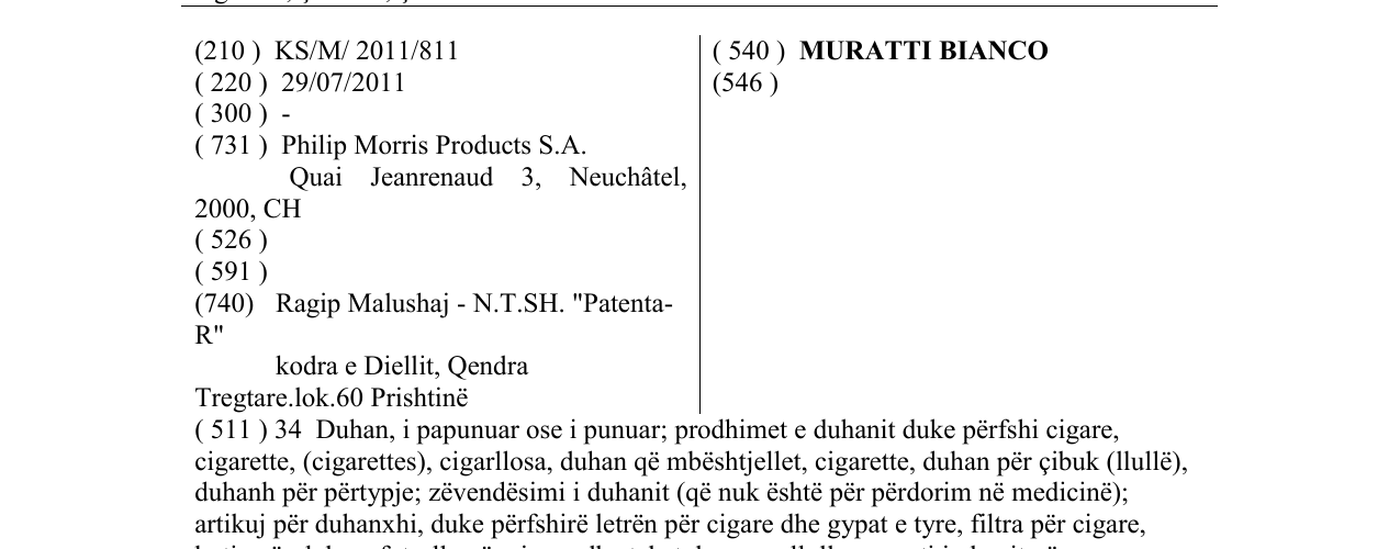 Zëri i markës MURATTI BIANCO në buletin