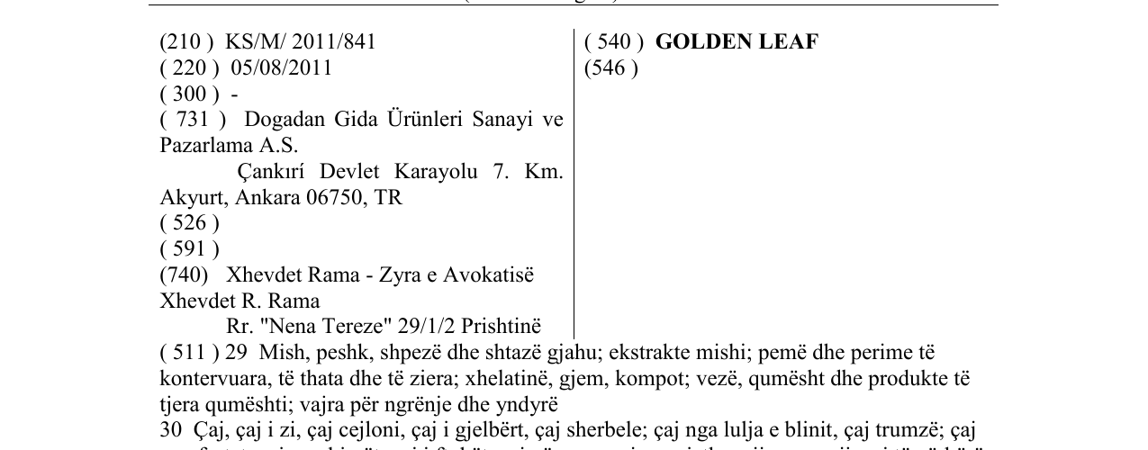 Zëri i markës GOLDEN LEAF në buletin