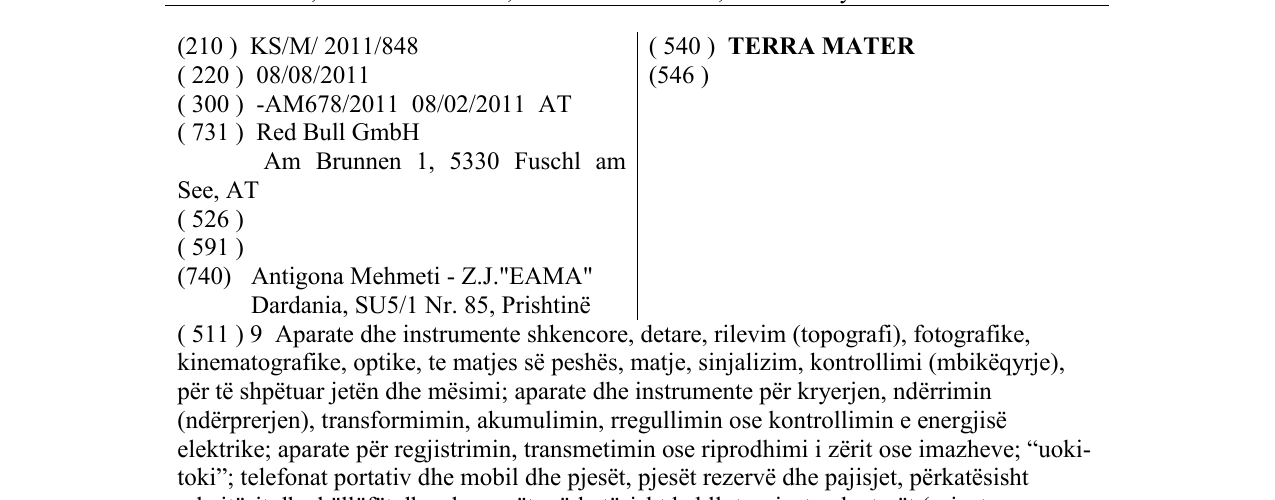 Zëri i markës TERRA MATER në buletin