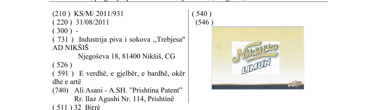 Zëri i markës Nikšičko LIMUN në buletin
