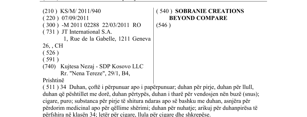 The entry of the trademark SOBRANIE CREATIONS BEYOND COMPARE in the bulletin
