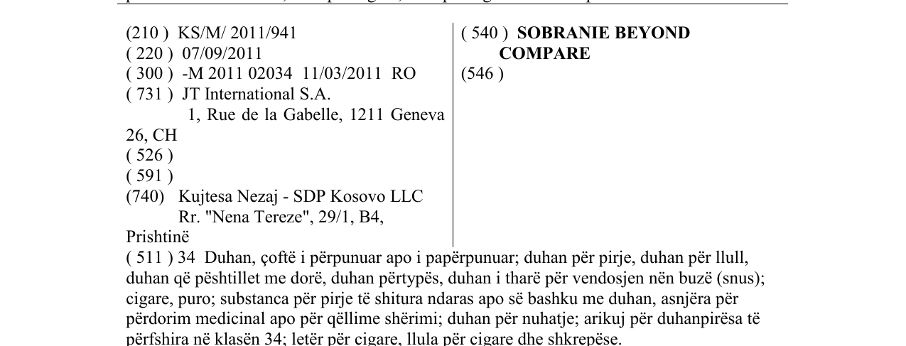 Zëri i markës SOBRANIE BEYOND COMPARE në buletin