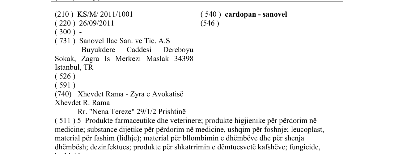 Zëri i markës cardopan - sanovel në buletin