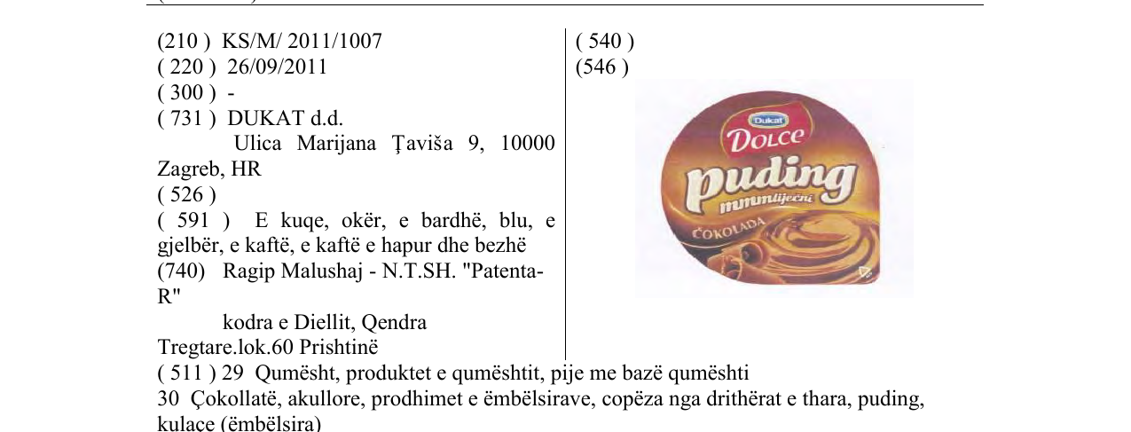 Zëri i markës DOLCE puding në buletin
