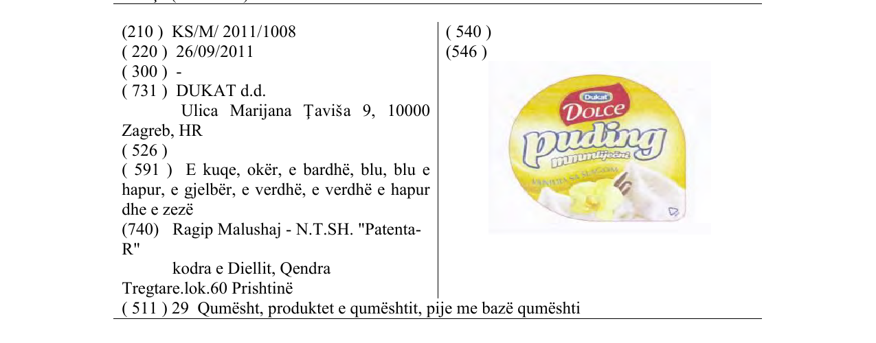 Zëri i markës DOLCE puding në buletin