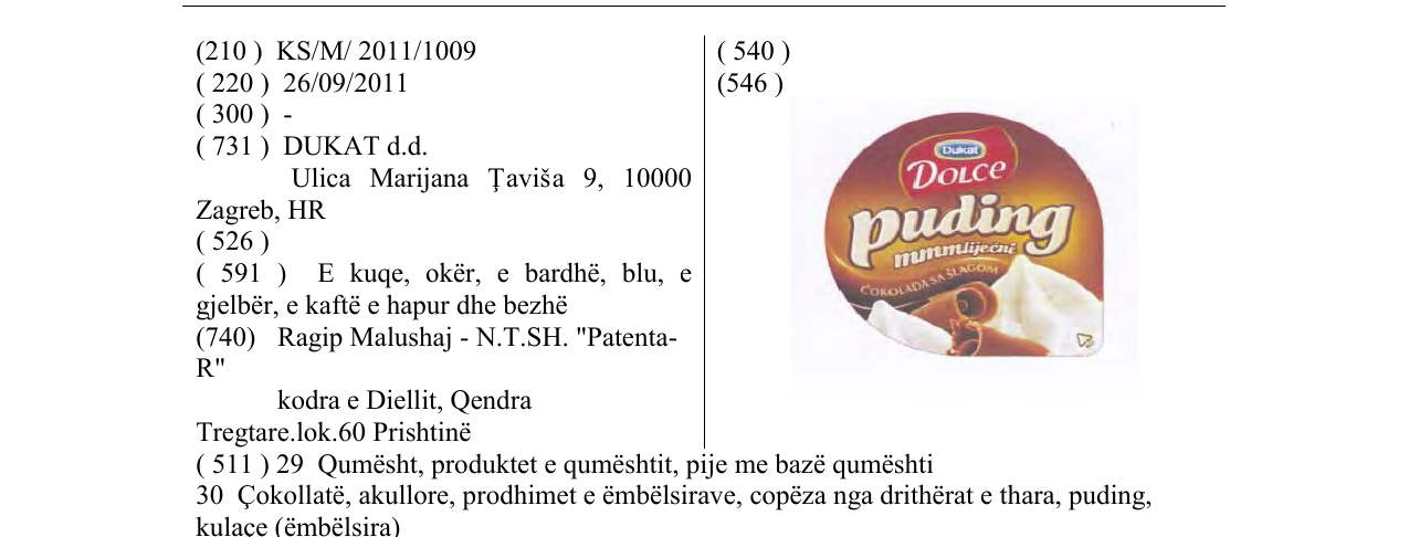 Zëri i markës DOLCE puding në buletin