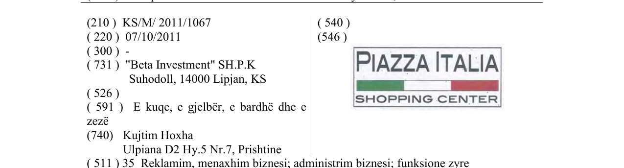 Zëri i markës PIAZZA ITALIA SHOPPING CENTER në buletin
