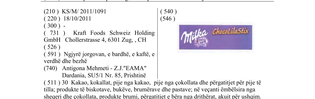 Zëri i markës milka ChocoLilaStix në buletin