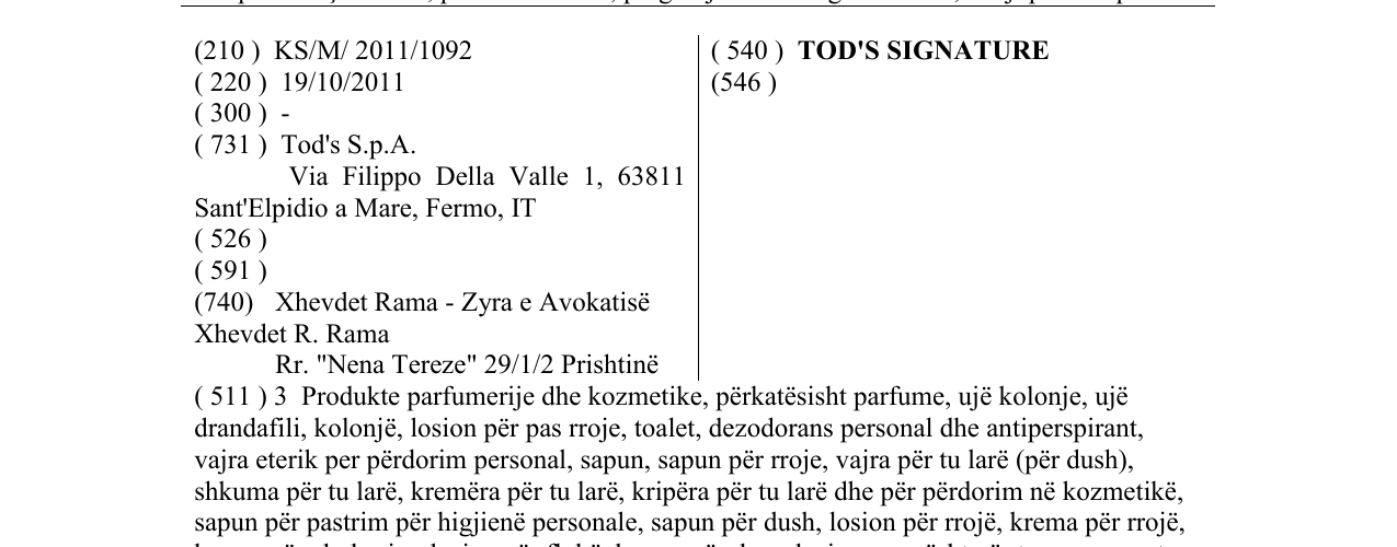 Zëri i markës TOD'S SIGNATURE në buletin