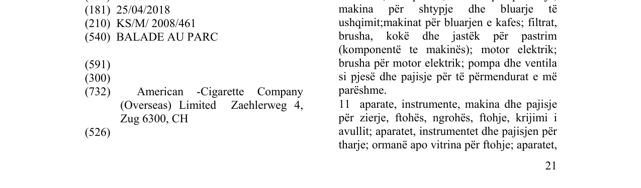 Zëri i markës BALADE AU PARC në buletin