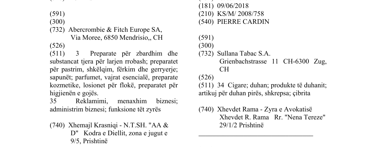 Zëri i markës PIERRE CARDIN në buletin