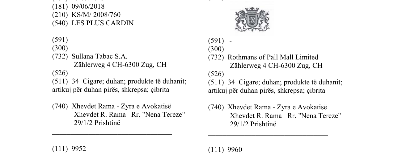 Zëri i markës LES PLUS CARDIN në buletin