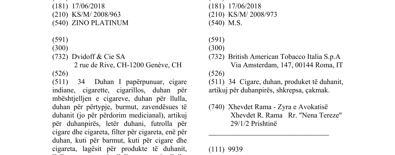 Zëri i markës ZINO PLATINUM në buletin