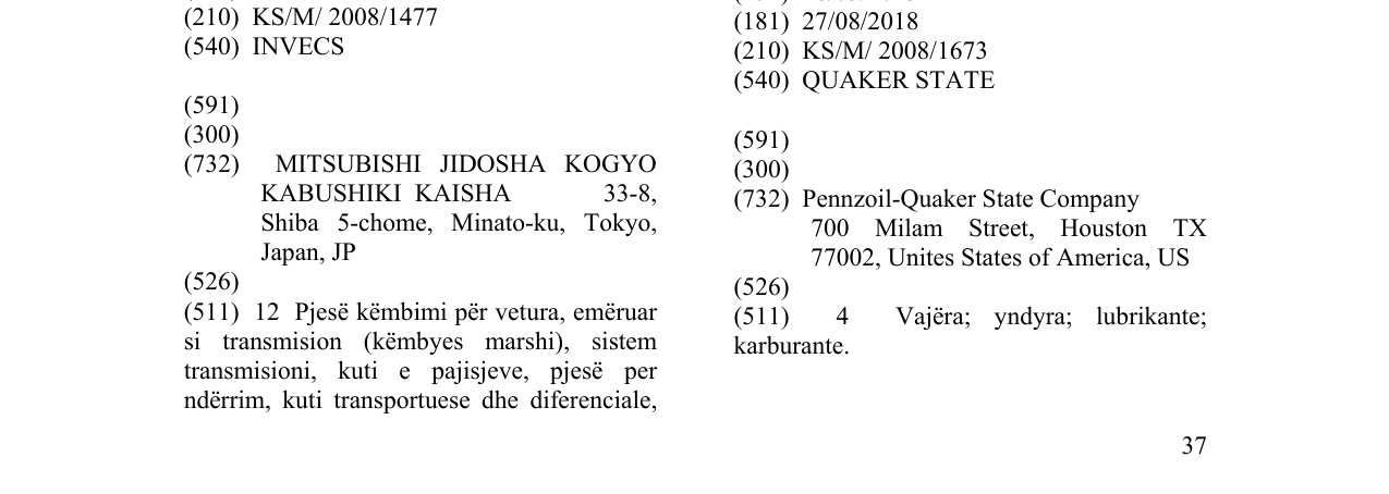 Zëri i markës QUAKER STATE në buletin