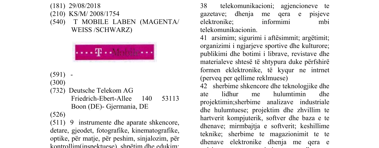 Zëri i markës T MOBILE LABEN (MAGENTA/ WEISS /SCHWARZ) në buletin