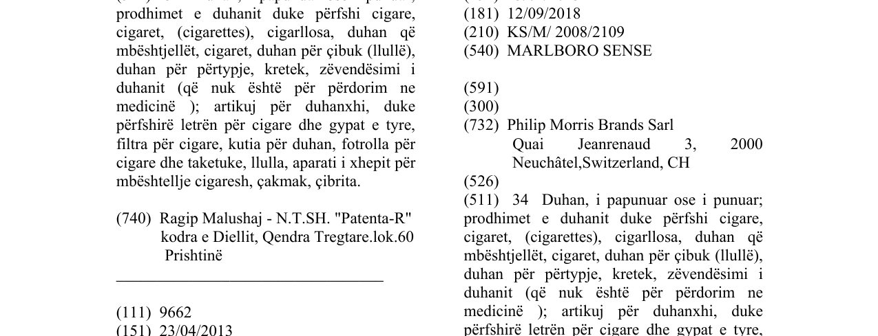 Zëri i markës MARLBORO SENSE në buletin