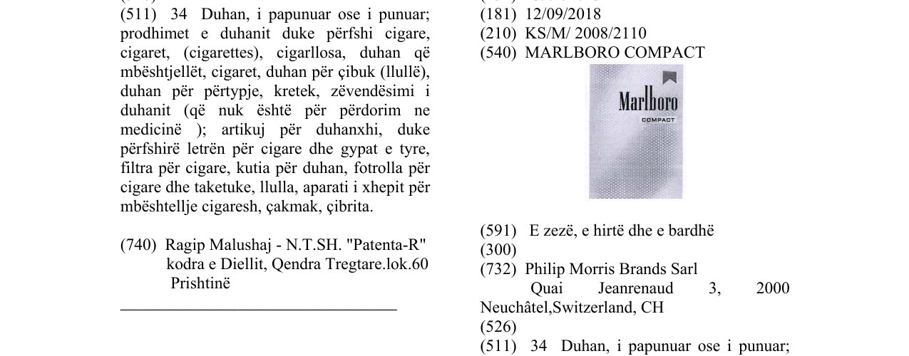Zëri i markës MARLBORO COMPACT në buletin