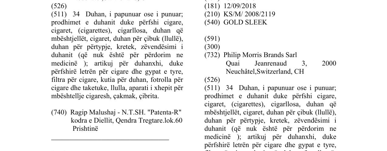 Zëri i markës GOLD SLEEK në buletin